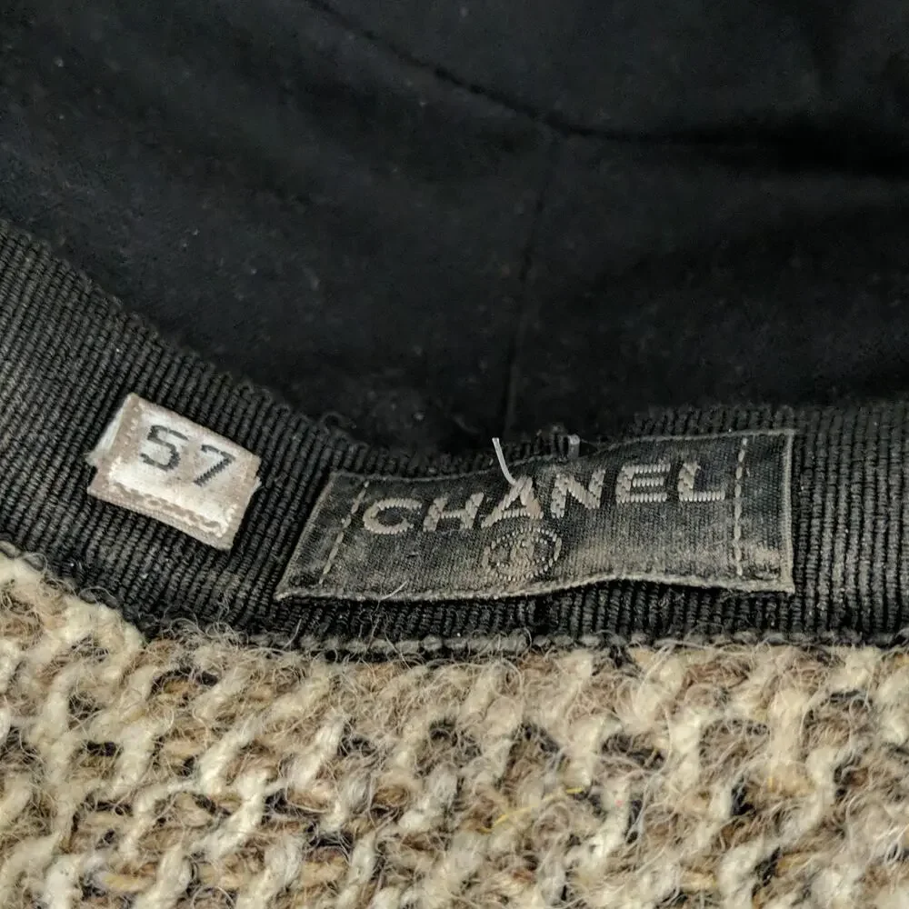 Vintage CHANEL Tweed City Hat Wool‎ Tan Cloche 57 Luxury Old Money